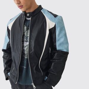 Men's Washed Black and Blue Leather Jacket